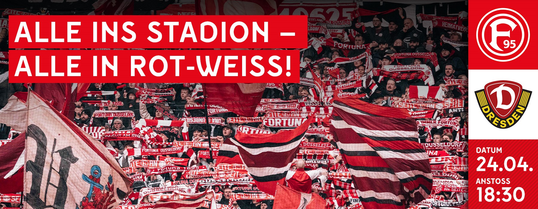 Spieltagsgrafik F95 - Dynamo Dresden - Hintergrund die Südkurve mit Schals und Fahnen