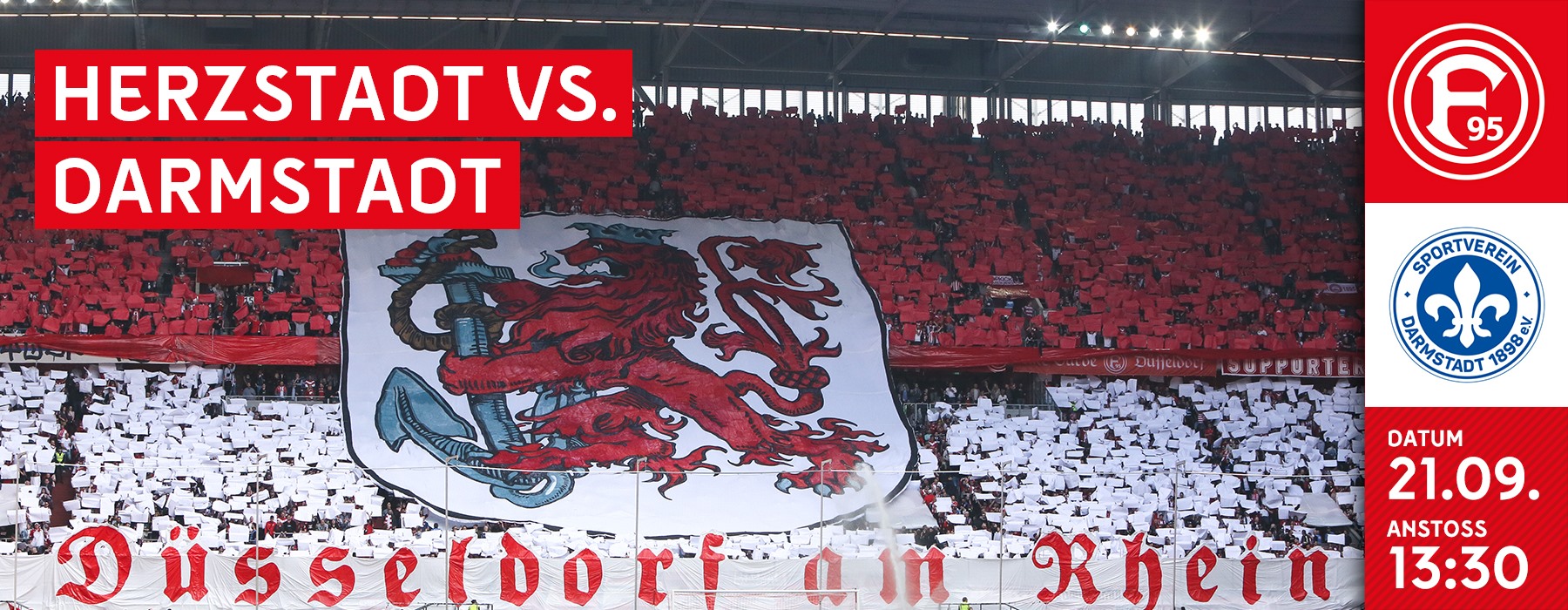 Ticketinformation F95 gegen Darmstadt 98 - Herzstadt vs. Darmstadt. Im Hintergrund eine Choreo auf der Südtribüne