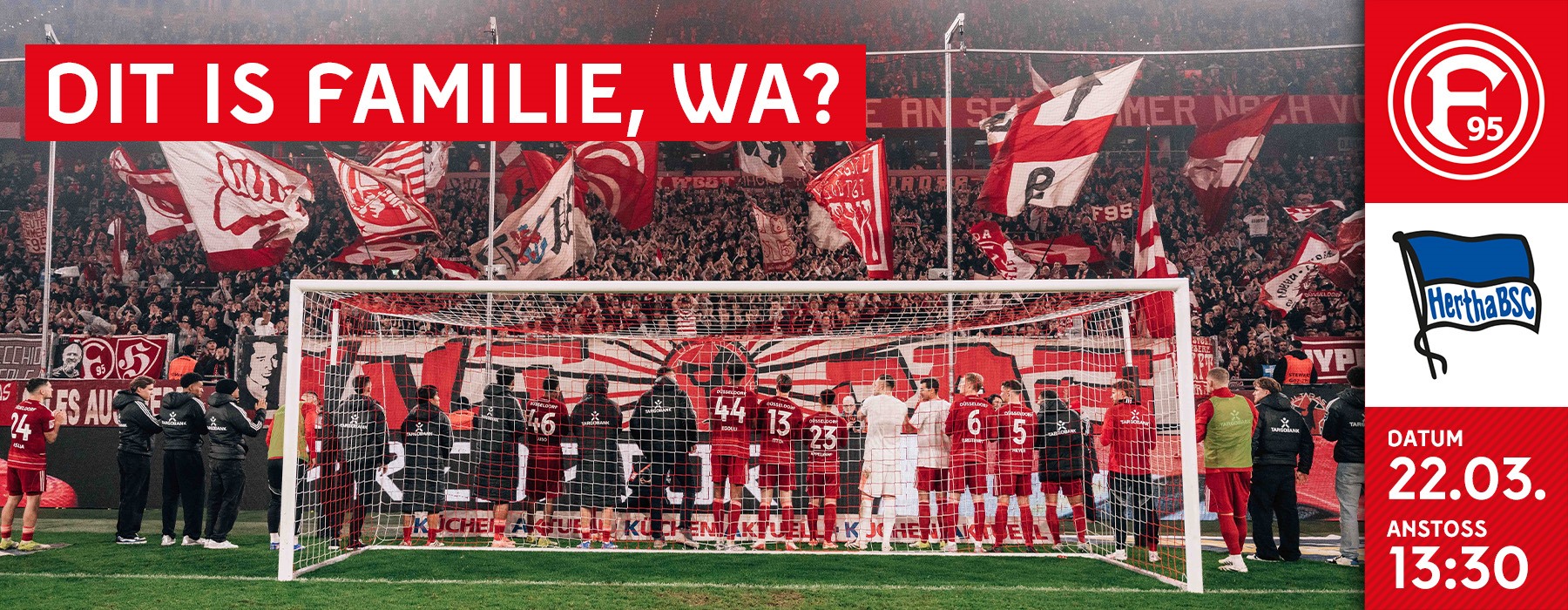 Mannschaft vor der Heimkurve als Spieltagsgrafik F95 gegen Hertha BSC am 22.03.2026 